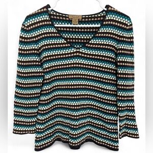 Peck & Peck Vintage Boho Striped Textured Knit V Neck Sweater Medium 100% Cotton